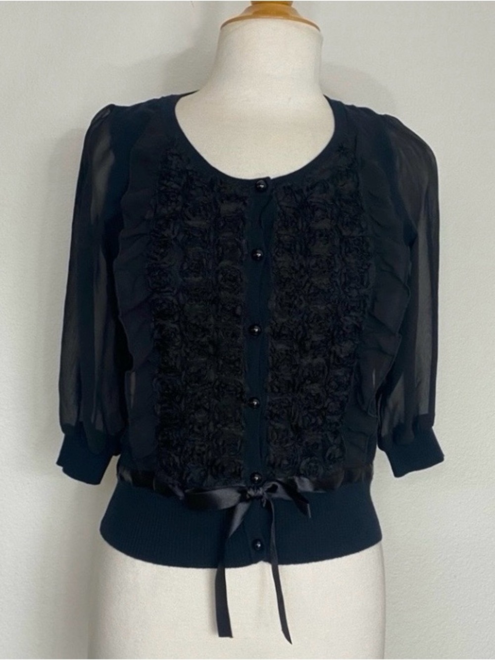 NWT New Wanko Women's Black Ruffle Button Bow Cardigan Size XS Classic Preppy